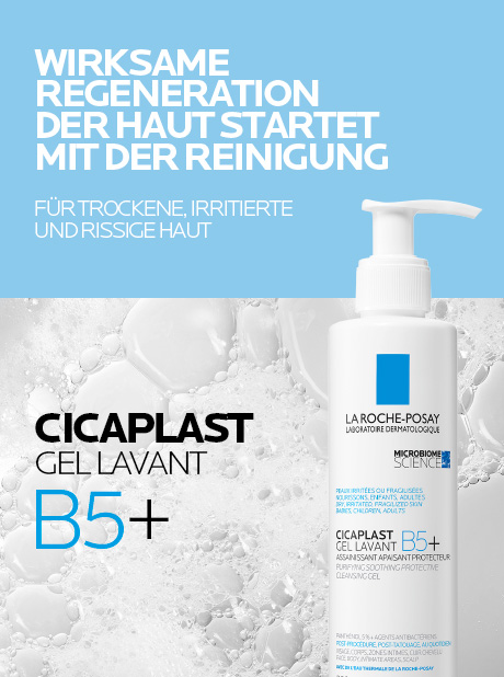 La Roche-Posay Cicaplast Lavant B5. Text: Wirksame Regeneration der Haut startet mit der Reinigung.